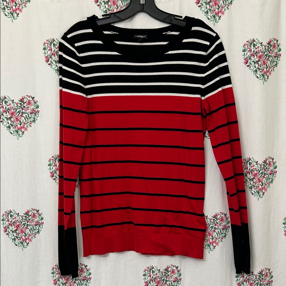 Express Red and Black Striped Crew Neck Sweater